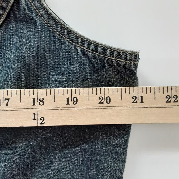 Vintage 90s Gilet Denim Vest Brass Button Military Ruffle Jean Jacket XL Cottage - Picture 7 of 10